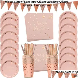 Disposable Dinnerware 78Pcs/Set Rose Gold Foil Dots Tablewares Paper Towel Cup Plate Disposable Set Adt Birthday Party Decor Wedding T Dhscr