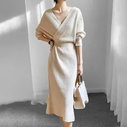 Knitted Long Clothes Robe V Neck Solid Dresses for Women Sexy Daring Maxi Bodycon Evening Woman Dress Designer Outfits Crochet 231225