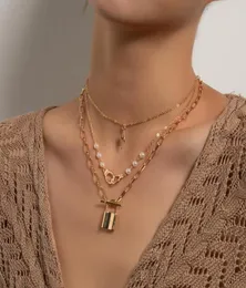 Naszyjniki wiszące kobiety mody elegancki imitacja Pearl Lock Naszyjnik do wielowarstwowych łańcuchów geometrycznych Prezent biżuterii Kolar 3128769