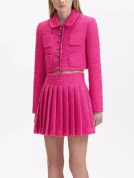 Costume en Tweed pour femme, col rabattu, manteau court à simple boutonnage ou Mini jupe trapèze plissée, ensemble automne 231225