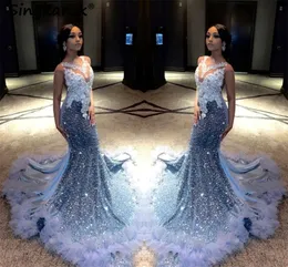 Glitter Silver Diamonds Long Prom Dresses For Black Girls 2024 Sparkly Beads Rhinestone Crystal Ruffle Bottom Birthday Party Gown
