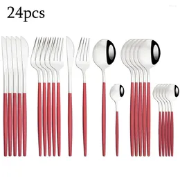 Flatware Sets 24 Conjunto Piezas Vajilla Plata Color Rojo Cubiertos Acero Inoxidable Juego Comedor Cuchillos Tenedores Cucha