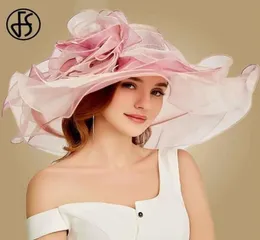 FS Pink Kentucky Derby Hat for Women Organza Sun Hats Flowers 우아한 여름 큰 넓은 가음 숙녀 결혼 교회 Fedoras T2006029381891