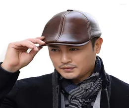 秋の冬の男性カウハイドレザーsboyキャップ濃い暖かい中年のビルハットファッションガストビーフラットアイビーCap2326005