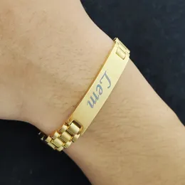 Moda personalizada gravar nome pulseira de metal com corrente de relógio placa de ouro de aço inoxidável homens e mulheres jóias presentes 231225