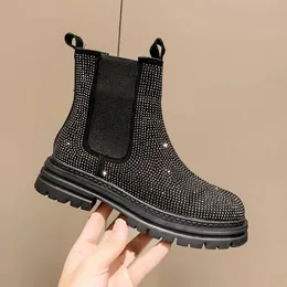 Kvinna platta stövlar kristall höstskor rund tå chelsea stövlar-women låga strass damer rock lolita gummi ankel basic s 231225