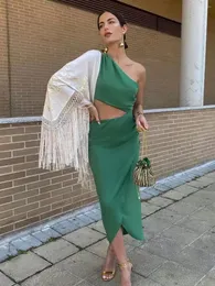 Casual Dresses Jastie Green Women One Shoulder Dress 2023 Elegant Irregular Hollow Long Solid Waist Slim Vacation Female