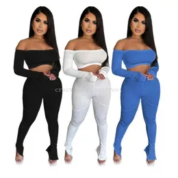 2024 Designer Tracksuits Women Two Piece Sets Fall Winter Ribbed Outfits Long Sleeve Slash Neck Pullover Crop Top and Pants Matching Casual Solid Sports suits