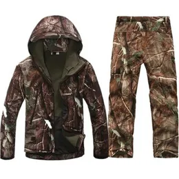 Kurtki mężczyźni TAKTICAL Trening Soft Soft Hydroood Hunting Clothing Outdoor polarowe ciepło wędrówki wojskowe kurtka kamuflażowa + spodnie