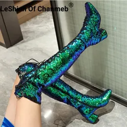 Green sequin clearance thigh high boots