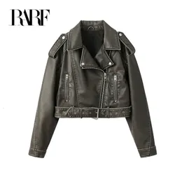 RARF Coal graysty le Women's washed leather jacket with belt short coat with downgraded zipper and vintage lapel jacket 231222