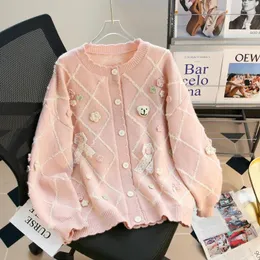 Women's Knits Hsa 3D Flower Long-sleeved Pink Sweater For Women Winter Korean Version Loose Design Warm T