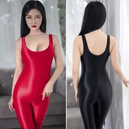 Wear Seamless Glossy Tight Crotchless Swimsuit Jumpsuit Sexy Oily See Through Bodysuit Zipper Open Crotch for Men and Women Plus Size