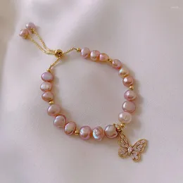Strand Minar Fantasy Pink Farbe echtes Süßwasserperlen Perlenarmband für Frauen Messing Gold CZ Zirkon hohl Schmetterling Charme Armbänder
