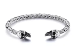 Bracelet manchette en acier inoxydable argenté Biker double tête de crâne fin Bracelet ouvert noeud fil chaîne 4218369