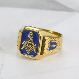 Punk Vintage Gold Blue Color Side Masonic for Woman Mens 14k Yellow Gold Jewelry Freemason Symbol G Templar Freemasonry Male Rings