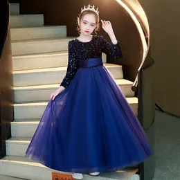 2024 Новое блески цветочных цветов с длинными рукавами Ball Bling Little Wedding Girl Princess Princess Gutder Party Gown Vintage Carmon Pageant платья 403