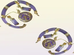 Purple Jade Gold Plated Fortune Dragon Phenix Armband Pendant Necklace Earrings9198369