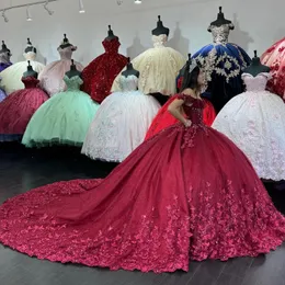 Red Shiny Quinceanera Dress Ballkleid mit Cape 3d Bow Korsett Spitzen Applikationen Perlen süß 16 Vestidos de 15 Anos