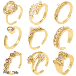 Anéis de punho aberto de casamento feminino estilo coreano de alta qualidade 18k banhado a ouro micro conjunto Bling anel de dedo de zircônia cúbica abertura ajustável anel de cauda versátil para mulheres