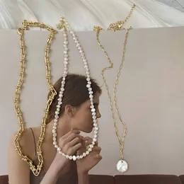 Colar brincos conjunto delicado 14k banhado a ouro em camadas pingente de pérola colares simples cubana link paperclip corrente para mulher g