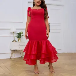 Sukienki zwyczajne 4xl 5xl ponadgólnia czerwona dla kobiet spaghetti Pasek kwadratowa syrena warstwa marszczyków koktajl elegancka sukienka urodzinowa