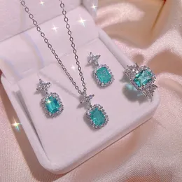 silver luxury clover designer earrings necklaces women girls flower chain choker elegant blue stone cz zircon crystal diamond necklace earring ear rings jewelry