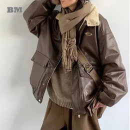 Мужские куртки Корейская уличная одежда Толстая мотоциклетная кожаная куртка для мужчин и женщин Осень-зима Haruku Модное флисовое пальто Хип-хоп Топы Мужской J231225