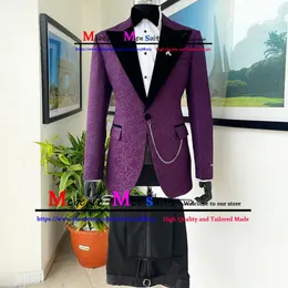 Jackor Purple Floral Mönster Brudgum Wear Wedding Suit Tuxedos Black Lapel Men Suits 2 Pieces (Jacket+Pants) Tres de Hombre Boda 2022