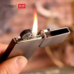 Neues ZORRO Mini Ultradünnes Kerosinfeuerzeug aus reinem Kupfer, tragbares Metall, winddicht, Schleifscheibe, Feuerzeug, Zigarettenanzünder, Rauchen