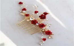 Jonnafe rosa vermelha floral headpiece para mulheres baile de formatura strass nupcial pente de cabelo acessórios feitos à mão jóias de cabelo de casamento x06259218649