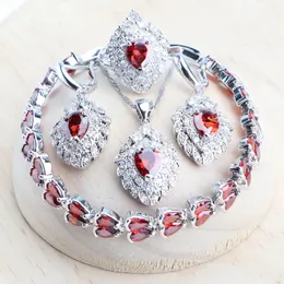 Hängen Sier Fine Jewelry Set Bridal Red Zirconia Wedding Jewellery Earrings For Women Rings Pendant Necklace Stone Armband Set