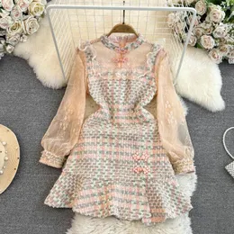 Casual Dresses Vanovich Fashion Luxury Long-Sleeved Stand Collar Gaze Midjan Slim A-Line Ruffled Dress Temperament Lace Patchwork