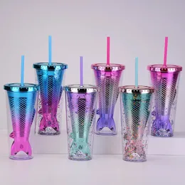 12oz dubbelskikt plasttumblers Creative Gradient Mermaid Straw Cup Electropating Color Sequin Fish Tail Cups till SEA T9I002533