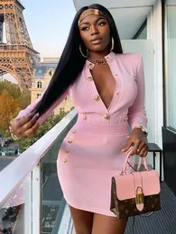 Зимний стиль сексуальное с длинным рукавом кнопка пуговица Pink Mini Women Bodycon Bangage платье элегантное вечернее клубное платье 231225