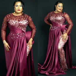 2024 Aso Ebi Burgundy Mermaid Prom Платье для бисера кристаллов прозрачная шее вечернее формальная вечеринка второй прием с днем ​​рождения платья с обручающими платьями