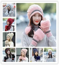 1Set Frauen Stricken Hut Handschuhe Sets Schädel Kappe Feste Beiläufige Bommel Beanie Anzug Wolle Kappen Winter Im Freien Warme Hut freundin Weihnachten G4844793