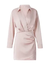 Casual Dresses Mini Abito Da Donna Manica Lunga Scollo A V Pieghettato Solido Autunno Vestito Per Quotidiano Rosa L