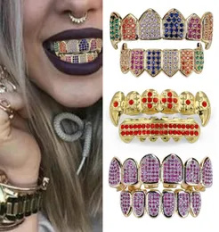 Mehrfarbige CZ Zirkon Vampirzähne Fang Grillz 18K Echtgold Punk Hiphop Volldiamant Grills Zahnspange Zahnkappe Rapper Körperschmuck 5479965