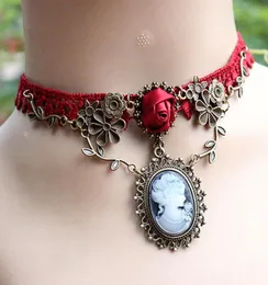 Naszyjniki wiszące stylowe kamea czerwona róża koronkowa moda biżuteria Kobiety Prezent Gift Xmas Ethnic Bohemian Choker 12233704434