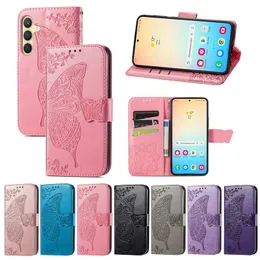 Big Butterfly Cases For Samsung S24 Plus Ultra A15 A35 A55 A25 5G Xiaomi 14 Pro Huawei Honor 100 X50i X7B Wallet Leather Lace Flower Holder Card Slot Flip Cover Pouches
