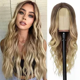 Gradual Gold Long Curly Hair Wig Kvinnlig liten spets syntetisk fiberhuvud Set spetsar peruker grossistfritt fartyg