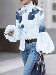 Damen-T-Shirts Yeezzi Fashion Puff Sleeve Leaves Print High-Neck Blusen 2023 Frühling Herbst Lose geknöpfte Casual Tops für Frauen