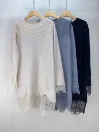 Casual Dresses Top End Women Cashmere Long Sleeve O-Neck Knitted Dress Elegant Lady All Match Lace Hollow Brodered Patchwork