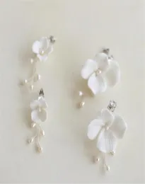 White Ceramic Flower Earrings Wedding Bridal Jewelry Set Freshwater Pearls Flowers Floral Earring Fashion Charm Dropping Long Drop7805319