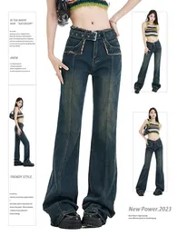 Amerikanische Retro-Jeans mit niedrigem Bund und geradem Bein, Bootcut-Jeans, Taillenknopf-Design, lockere, bodenlange Wischhose für Damen 231225