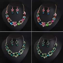 Frauen farbenfrohe Blumen Brautschmuck Sets Hochzeit Labbe Halskette Halskette Ohrringe Cocktail Party Kostüm Kristall Jewellery296z