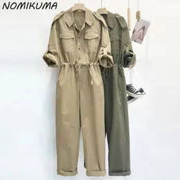 Nomikuma 2023 Autumn Safari Style Women Salpsuits Darwstring Slim Caist Manga longa Turn Busl Down Cargo Pants Bodysuits 231222