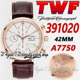 TWF 42MM Relógio Masculino tw391020 Cal 79320 A7750 Cronógrafo Automático Branco Dial Stick Marcadores 18K Rose Gold Case Pulseira de Couro Super2577