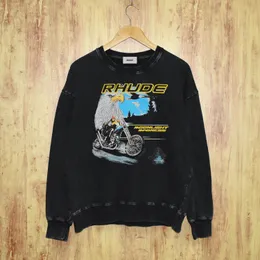 Vintage Rhude Motosiklet Külotu Sweatshirt Sweater Uzun Kollu Siyah Hip Hop Jumper Sıradan Ceket S-XXL